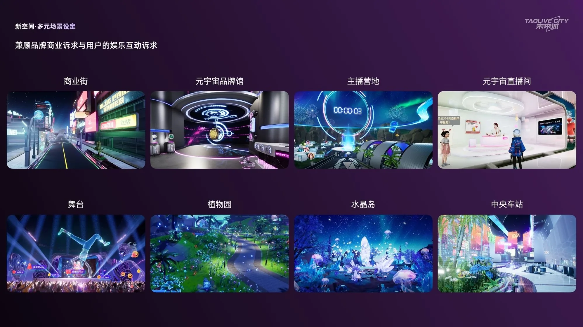 多元场景设定：商业街、元宇宙品牌馆、主播营地、元宇宙直播间、舞台、植物园、水晶岛、中央车站